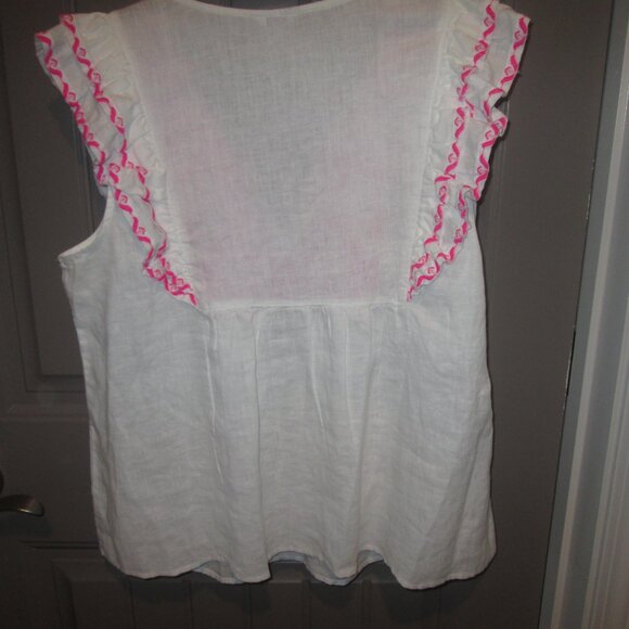 Women Crown & Ivy XL White/Pink Top, Flutter Sleeve, "V" Neck Opening w/Ties - Picture 6 of 7